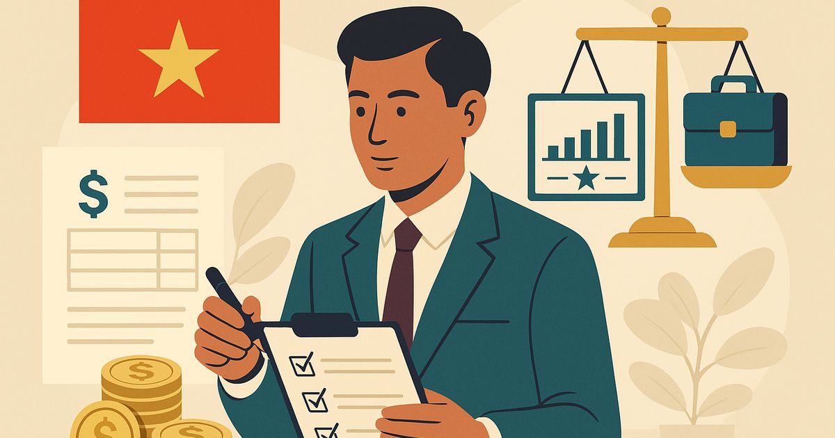 チェックリストを確認するスーツ姿の男性。背景にベトナム国旗、コイン、グラフ、天秤が描かれたイラスト。