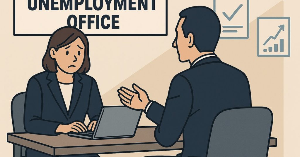 相談窓口で失業に関する支援を受ける男女のイラスト。