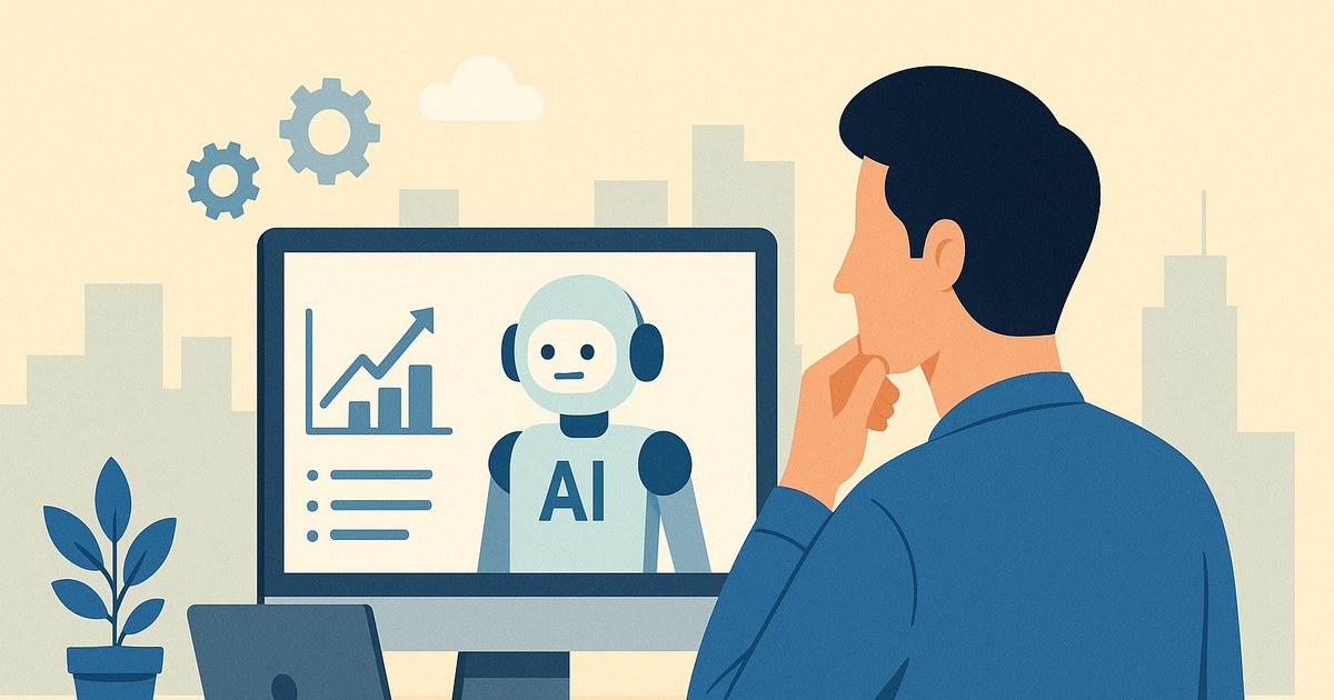 オフィスで男性がAIロボットとグラフを映すPC画面を見つめるイラスト。