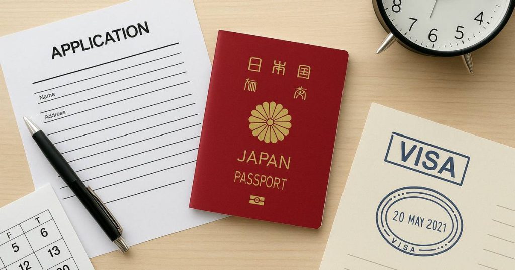 日本のパスポート、ビザ申請書、カレンダー、時計が机に並んでいる写真