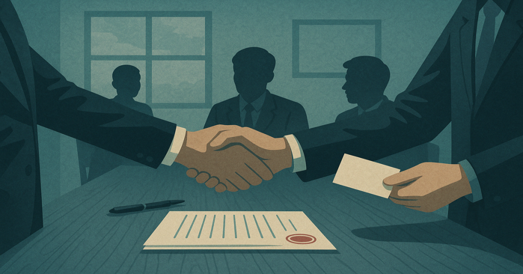 ビジネスの交渉を表現した握手と書類のイラスト。