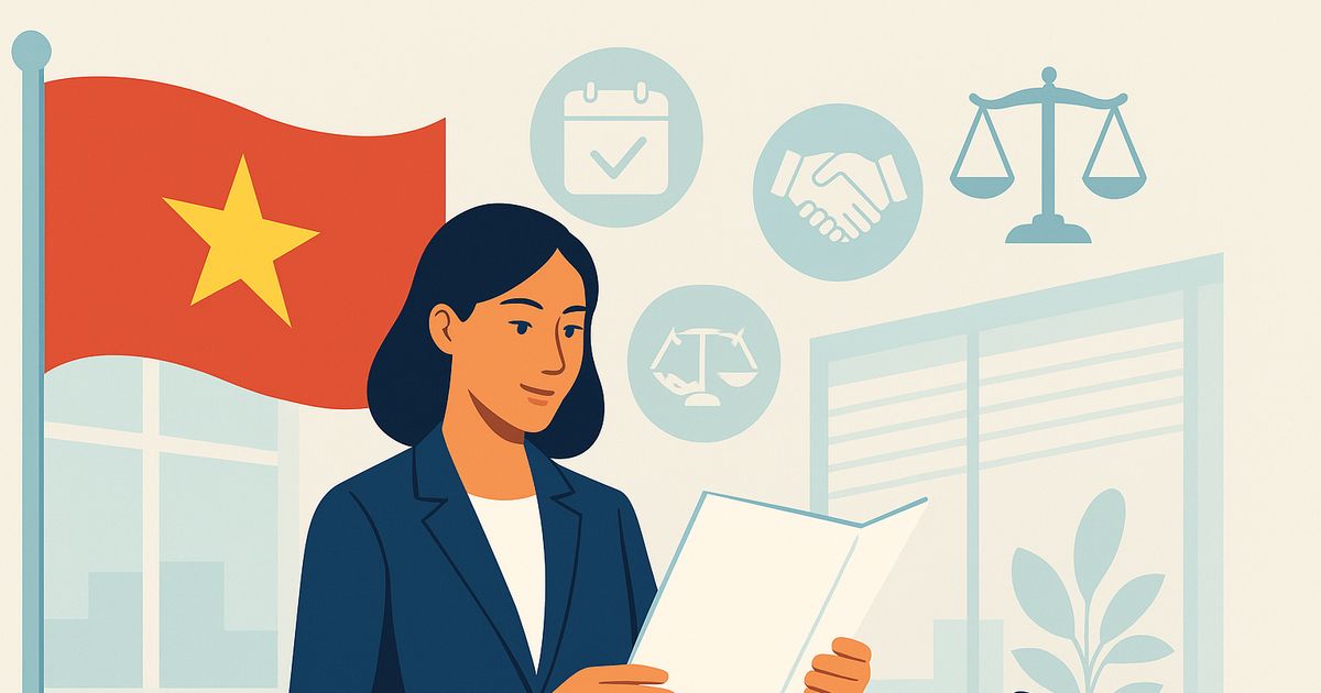 ベトナム国旗を背に就業規則を確認するビジネスウーマンと労働法を象徴するアイコン