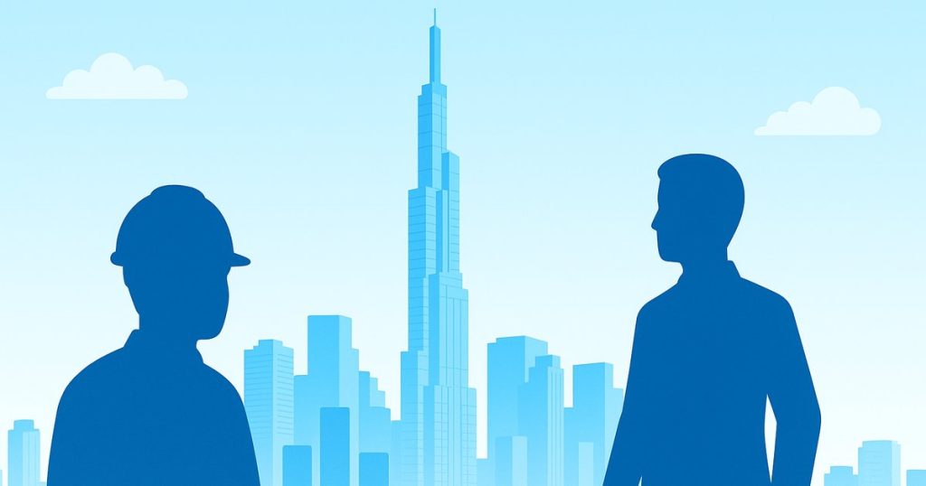 ホーチミン市ランドマーク81を背景に労働者のシルエット