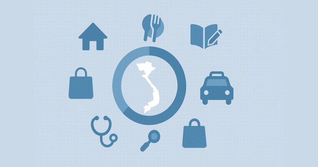 中央にベトナム地図、周囲に生活費カテゴリの青いピクトグラム