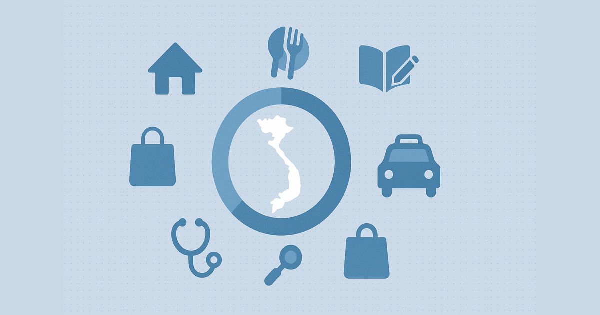 中央にベトナム地図、周囲に生活費カテゴリの青いピクトグラム