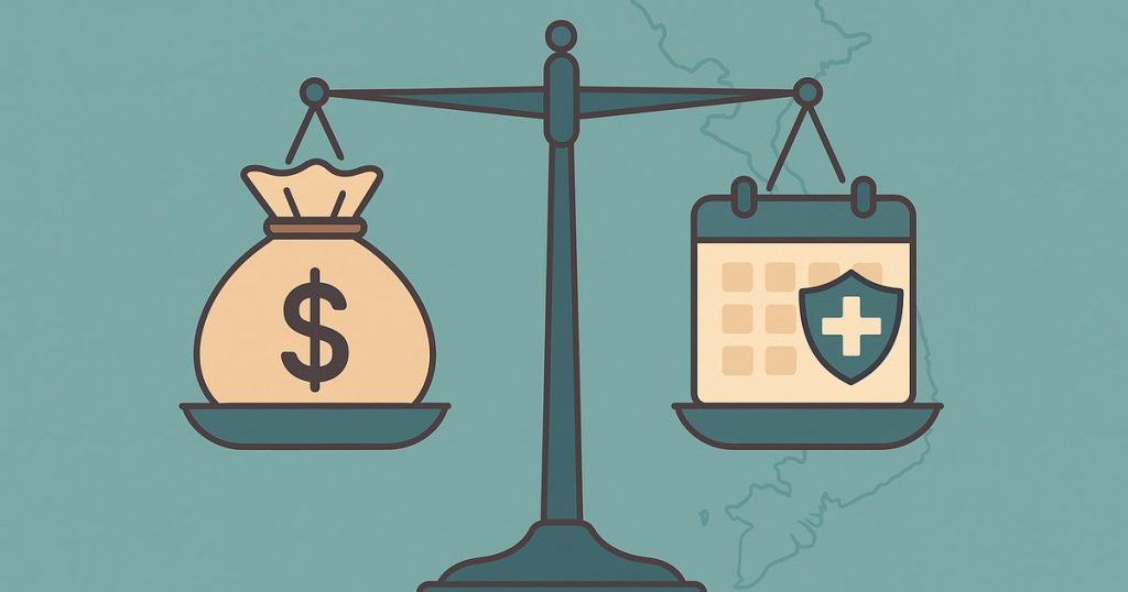 天秤にドル袋と保険カレンダー、背景にベトナム地図のイラスト