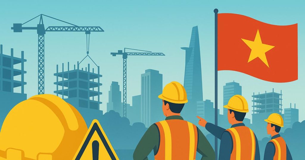 建設現場で安全確認する作業員とベトナム国旗