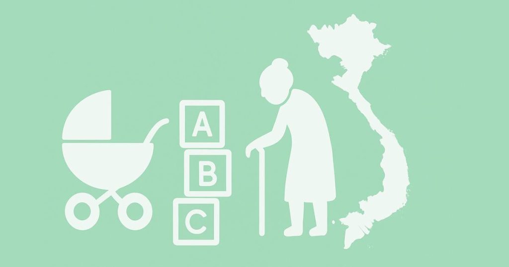 ベビーカー・積み木・高齢者とベトナム地図のシンプルなイラスト