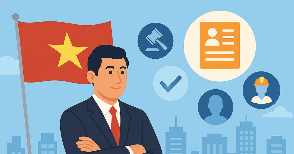 ベトナム国旗と労働許可を示すビジネスイラスト