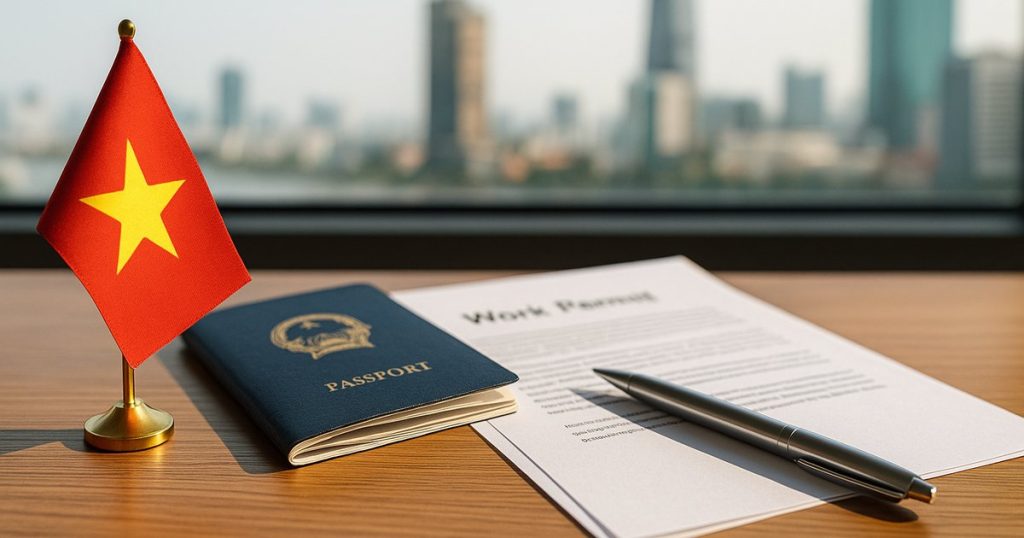 ベトナム国旗とパスポート、労働許可証の書類