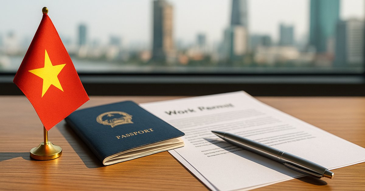 ベトナム国旗とパスポート、労働許可証の書類