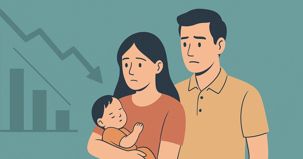 出生率低下と不安を抱く家族のイラスト