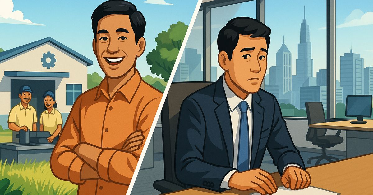 地方の工場で笑顔の男性と都市オフィスで思案する男性を対比したイラスト