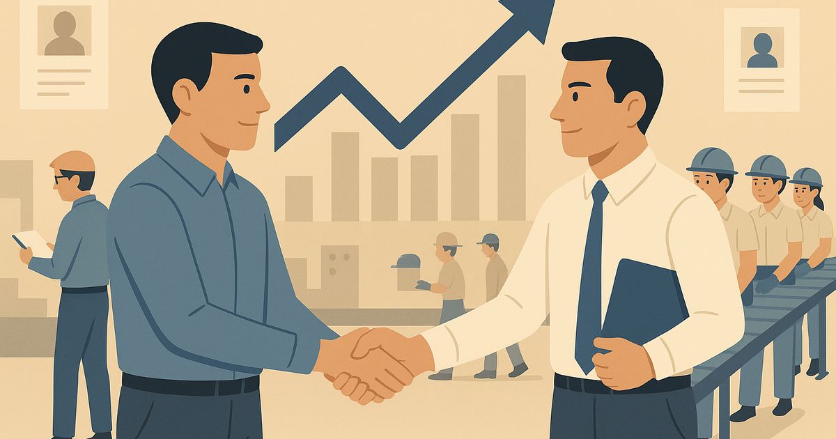 工場での採用面接の握手シーン