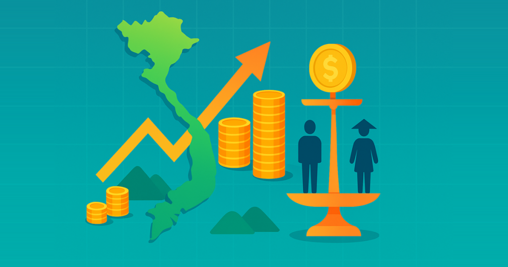ベトナム地図と上向き矢印、コインと秤で所得伸長と格差を示すイラスト