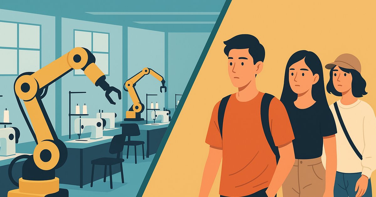 工場のロボットアームと歩く若い世代のグループ