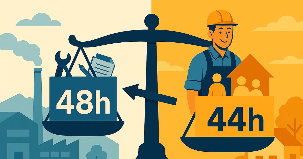 労働時間48hから44hへの短縮を示す天秤のイラスト