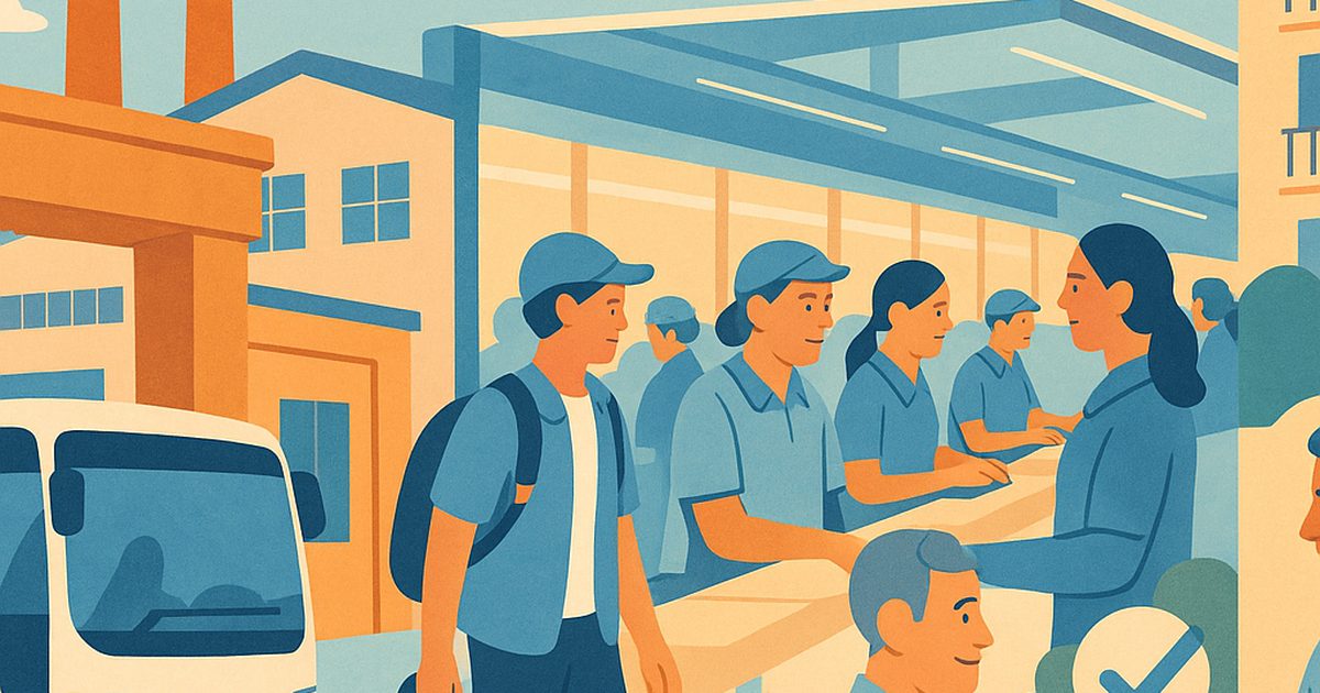 工場での受付と作業員の様子を描いたイラスト