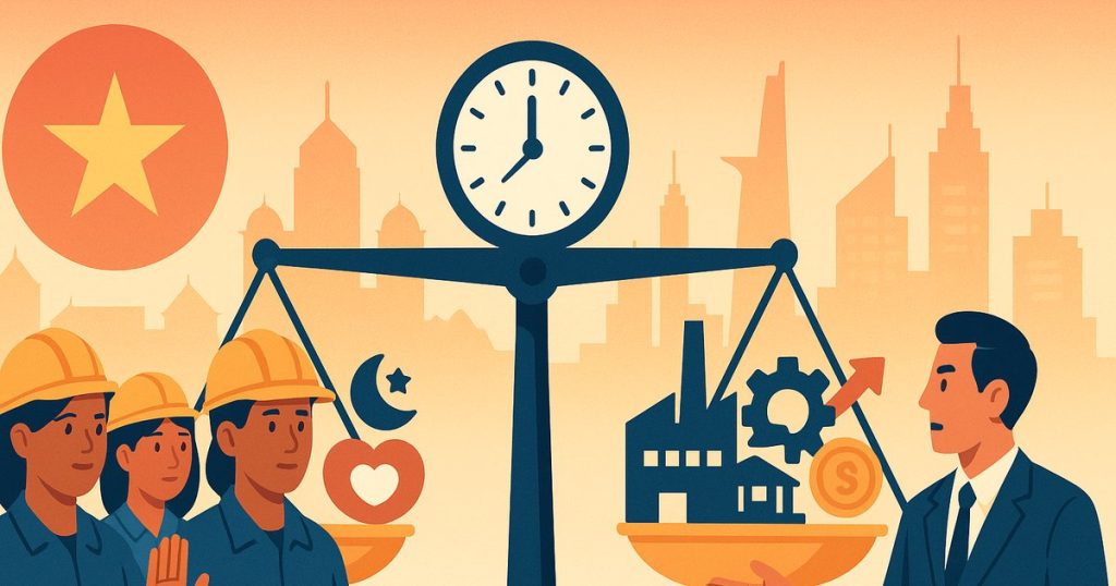 時計付きの天秤を中心に労働者と企業代表が向かい合い、生活と産業のバランスを象徴するイラスト。