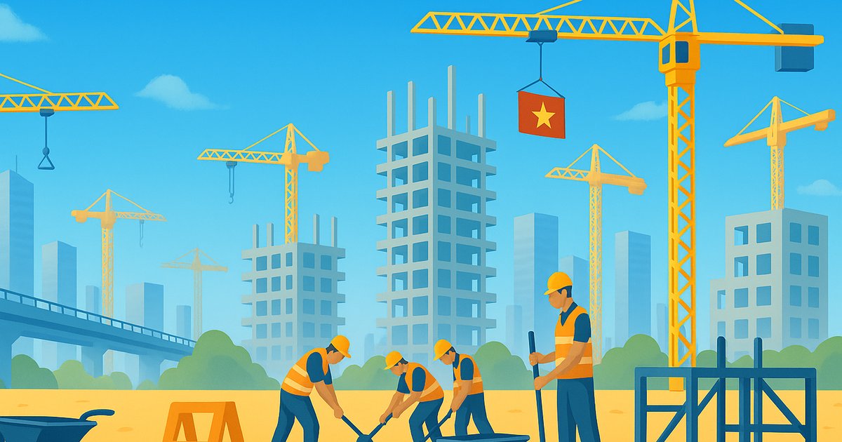 ベトナムの都市建設現場、作業員とクレーン
