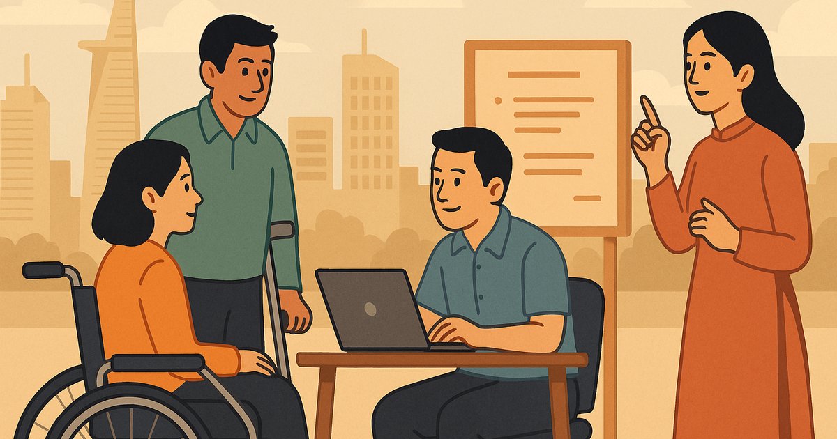 ホーチミン市で障害のある人と企業担当者が就職相談をしている様子のイラスト