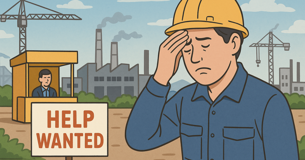 求人募集の看板と人材不足に悩む工場作業員のイラスト
