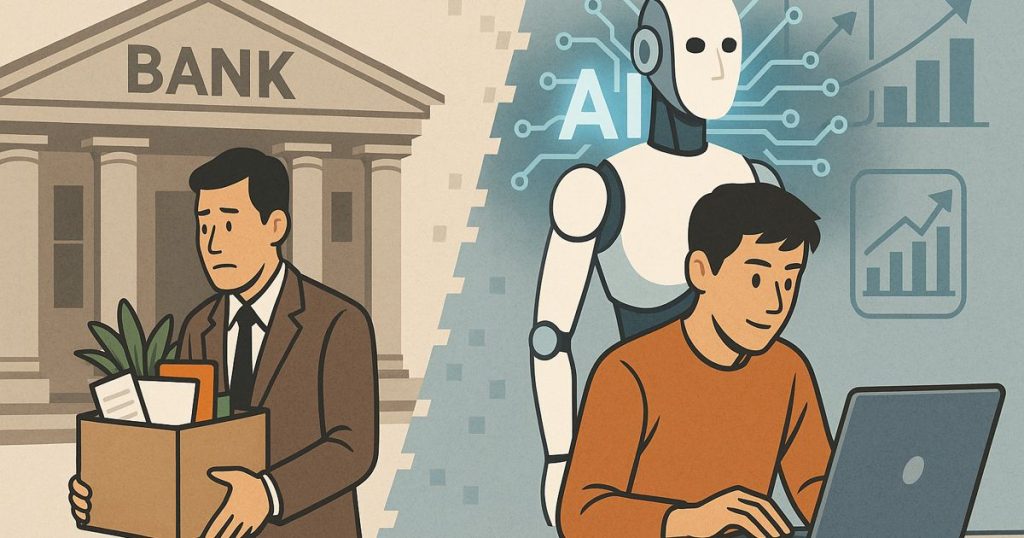 銀行員が段ボールを持って退職する姿と、AIロボットの隣で働く若者を対比したイラスト