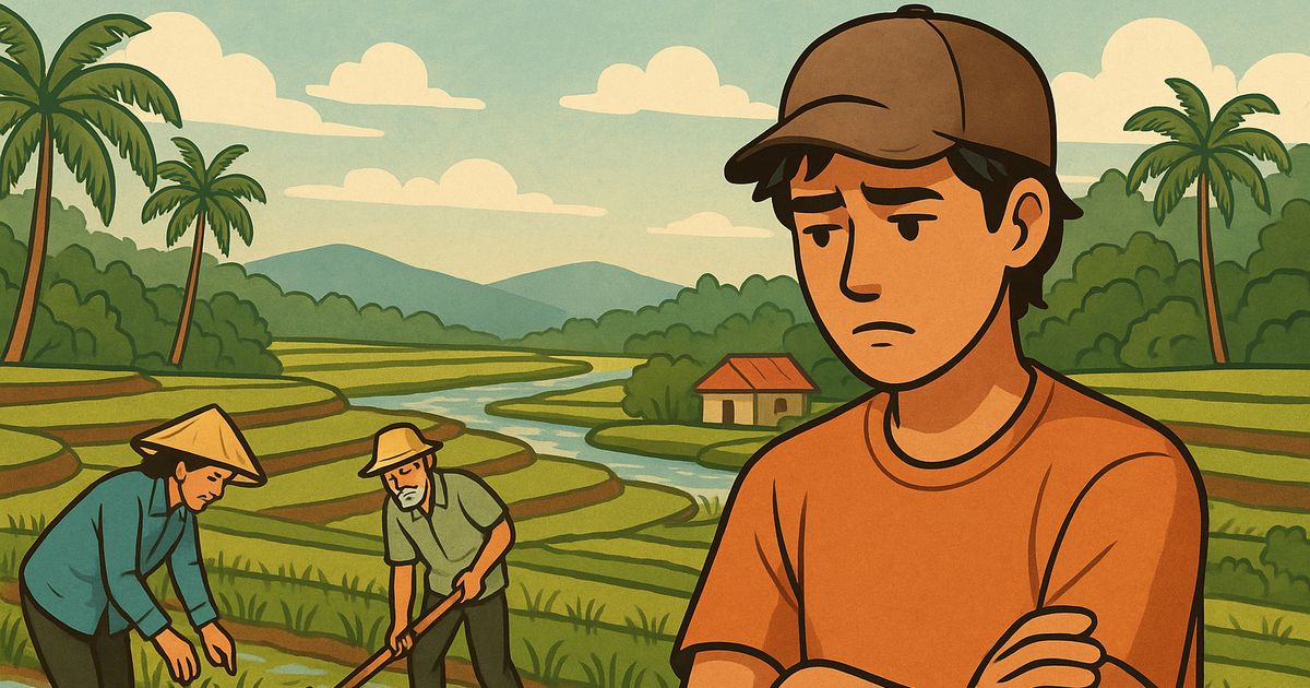農村の棚田で働く高齢農家を背景に、悩む若者のイラスト