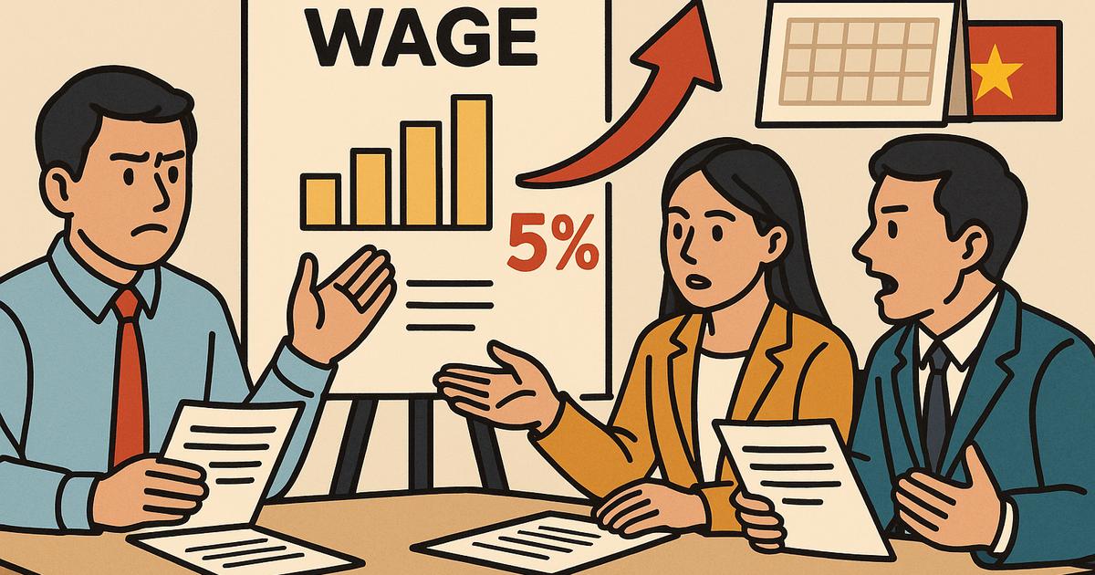 賃金テーブルと5％ルールを議論する3人のビジネスパーソンのイラスト