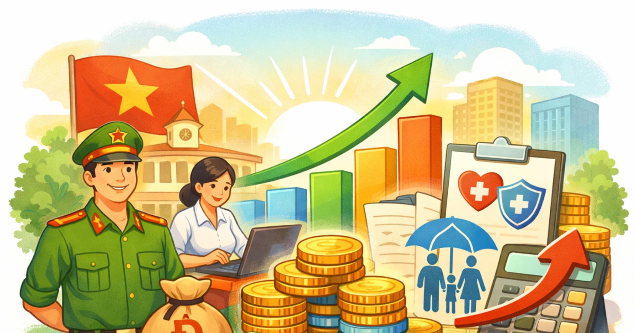 ベトナム公務員給与と社会保険料の上昇を示すイラスト