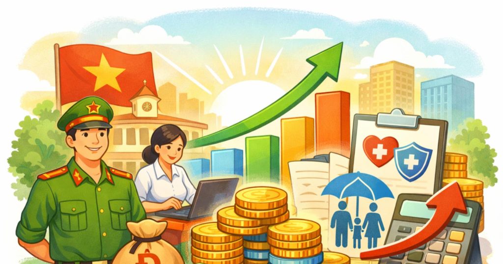 ベトナム公務員給与と社会保険料の上昇を示すイラスト