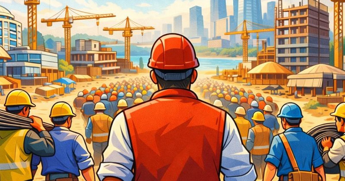 クレーンが並ぶ大規模建設現場で働く建設労働者のイラスト