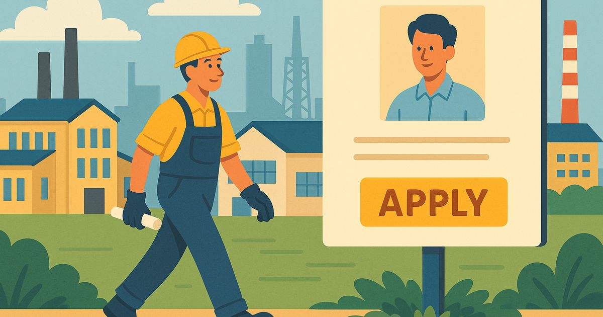 工場の前を歩く作業員と求人看板のイラスト