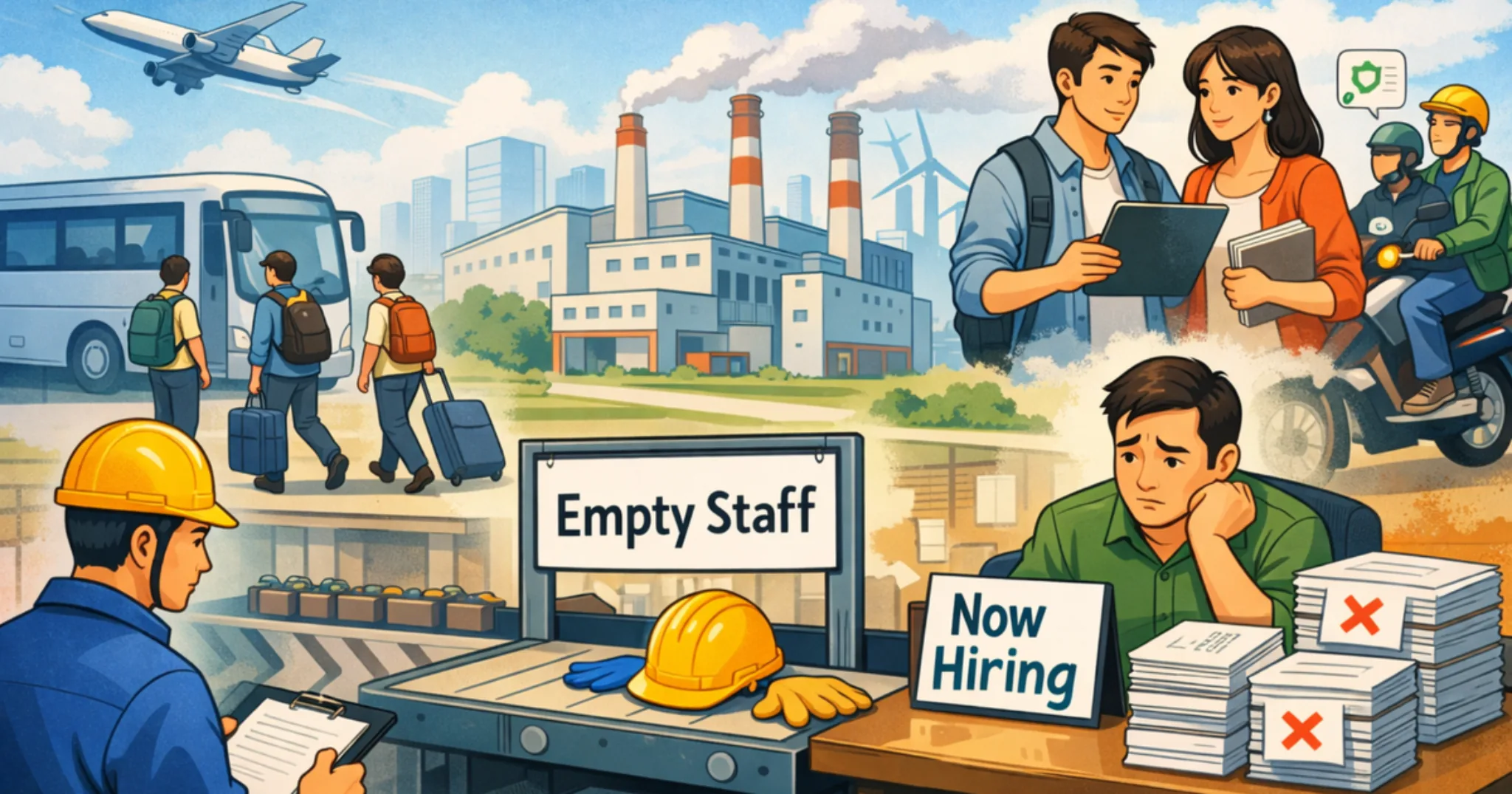 工場の人手不足と採用難を表したイラスト