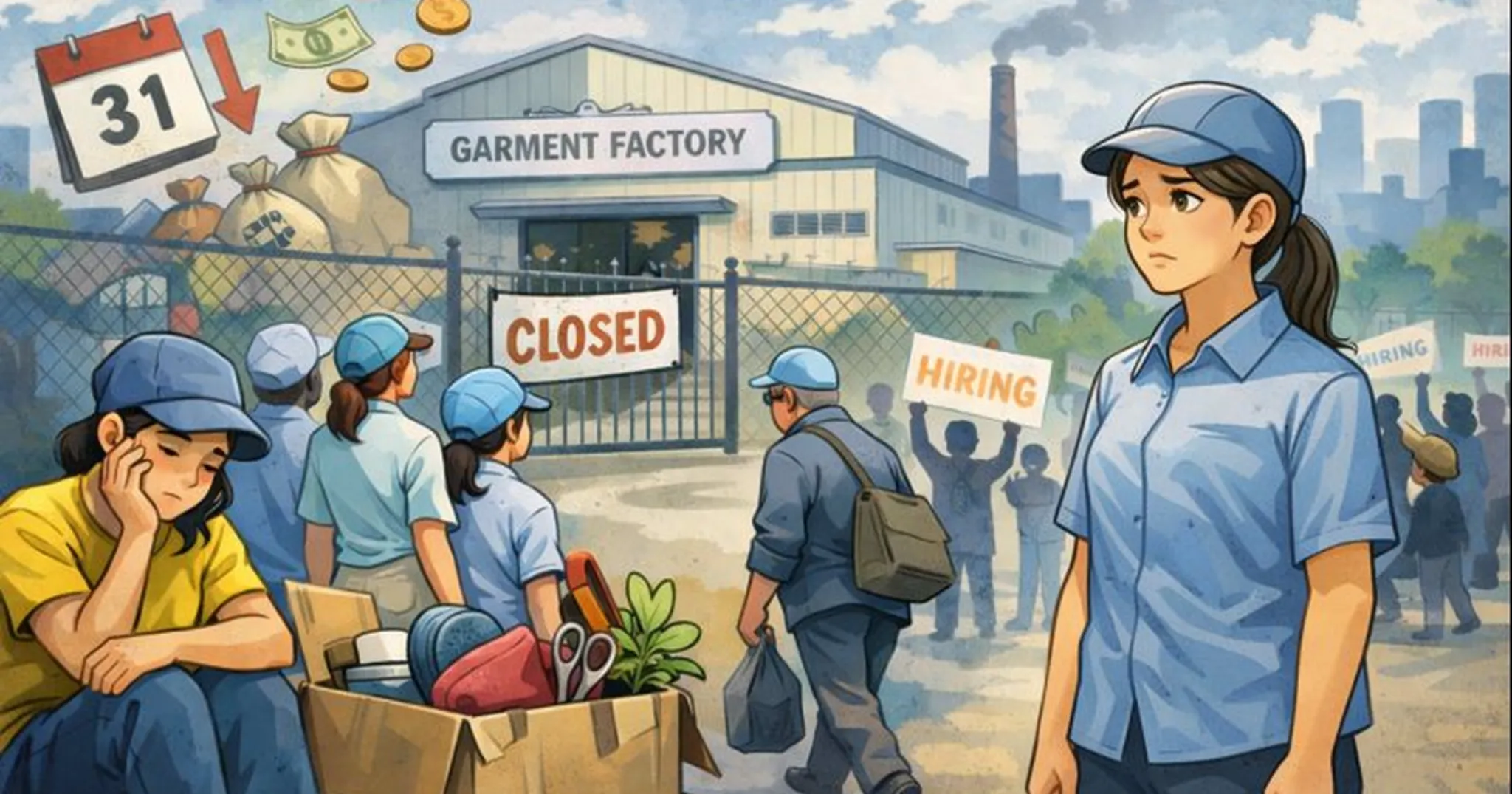 操業停止した縫製工場と雇用調整に直面する労働者を描いたイラスト