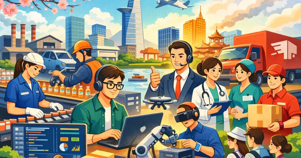 ベトナム主要都市を背景に、製造・IT・医療・物流など多様な職種の労働者を描いたイラスト。