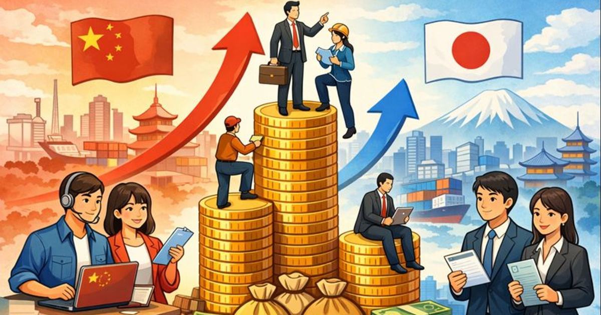 中国語人材の需要拡大と賃金上昇を示すイラスト