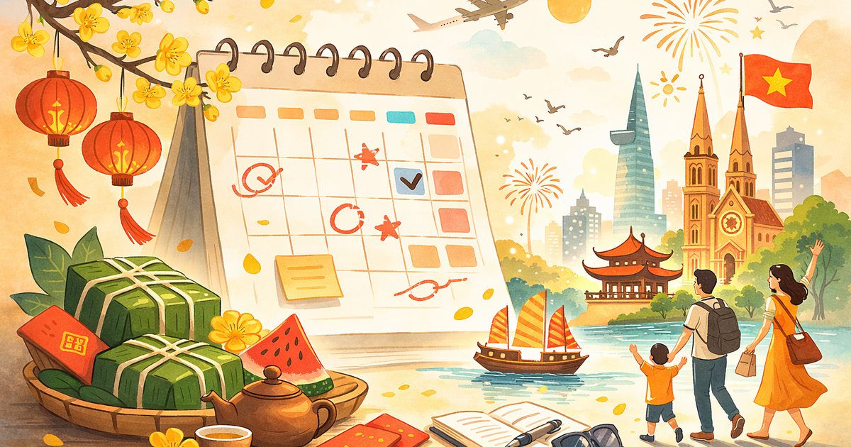 ベトナム祝日と文化を象徴するカレンダーと都市風景のイラスト