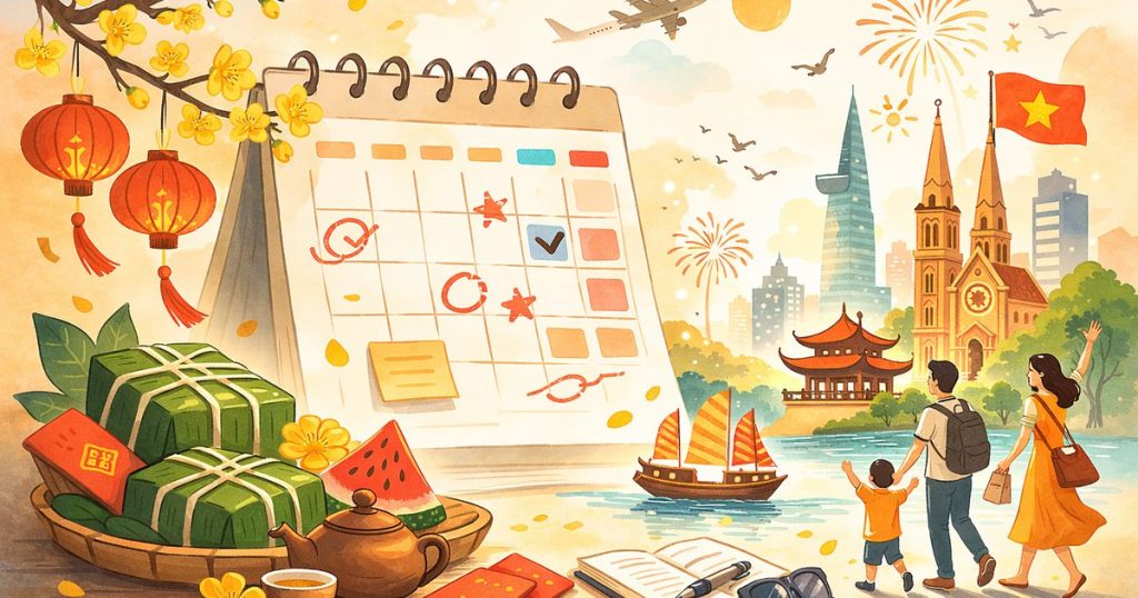 ベトナム祝日と文化を象徴するカレンダーと都市風景のイラスト