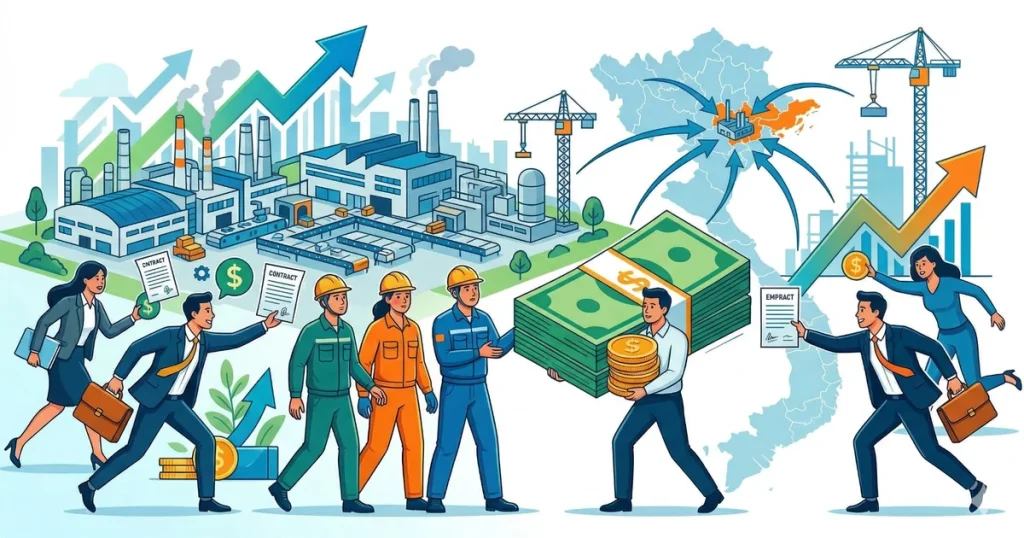 工場・クレーン・上昇グラフを背景に、ビジネスパーソンと作業員が契約書や紙幣を手渡し合うイラスト