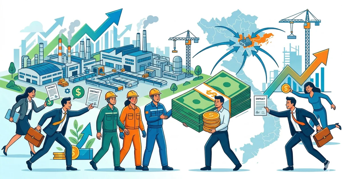 工場・クレーン・上昇グラフを背景に、ビジネスパーソンと作業員が契約書や紙幣を手渡し合うイラスト