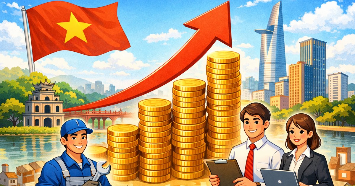 ベトナム国旗と都市風景を背景に、最低賃金引き上げを象徴するコインと上向き矢印のイラスト