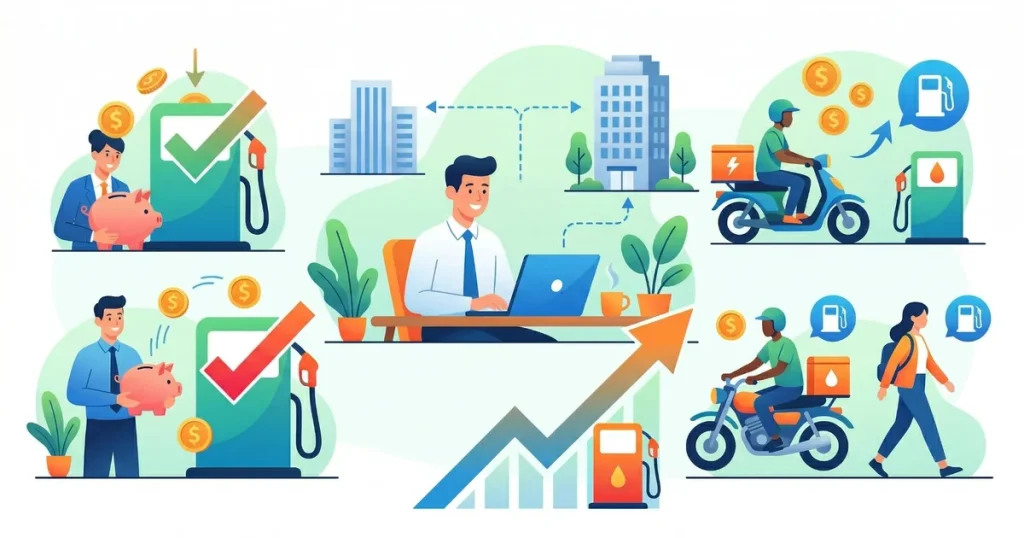 ガソリンスタンドや貯金箱・バイク配達員・オフィスワーカーが描かれた燃料費節約をテーマにしたフラットデザインのイラスト