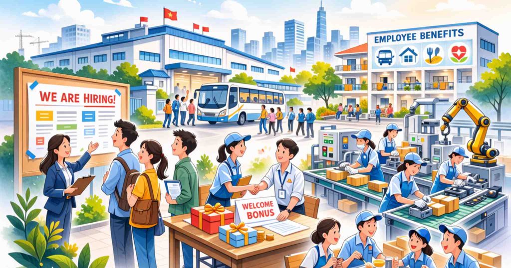 ホーチミン市の工場で採用活動と作業員が働く様子のイラスト