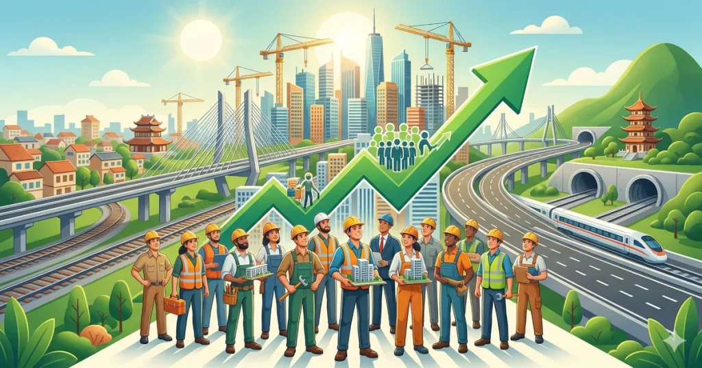 建設作業員たちが都市インフラ整備に取り組む様子と上昇トレンドの矢印を描いたイラスト