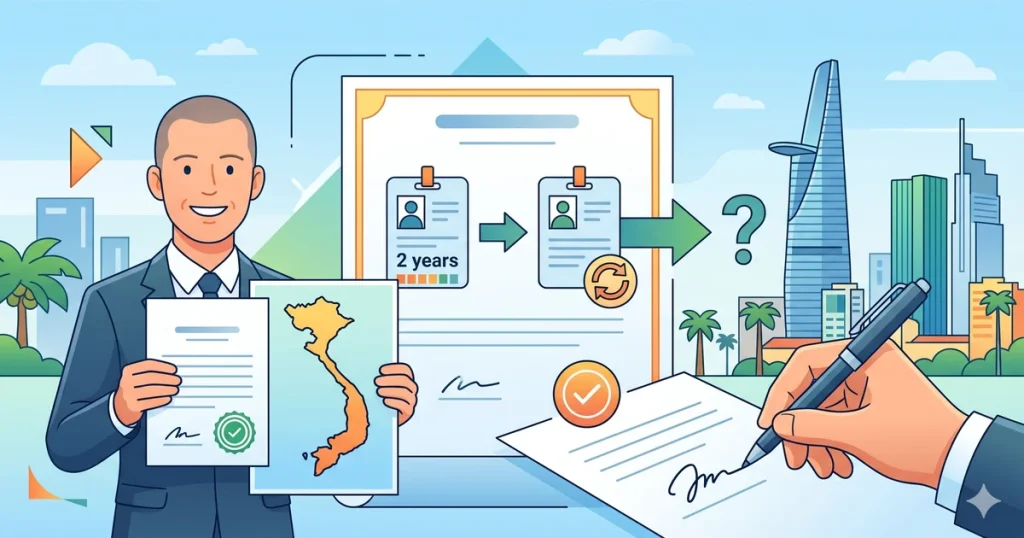 スーツ姿の男性が書類とベトナム地図を持ち、契約書にサインする手とホーチミン市街を背景にしたイラスト