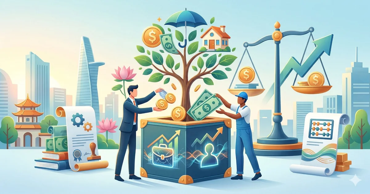 スーツ姿の男性と作業員が金貨やお札を育てるマネーツリーを囲み、天秤や上昇グラフと都市が描かれたフラットイラスト