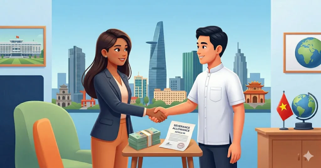 ベトナムの都市景観を背景に、書類と紙幣を前に握手する男女のイラスト