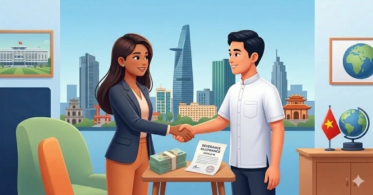 ベトナムの都市景観を背景に、書類と紙幣を前に握手する男女のイラスト