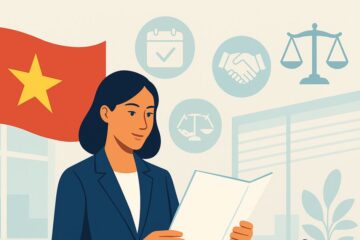 ベトナム国旗を背に就業規則を確認するビジネスウーマンと労働法を象徴するアイコン